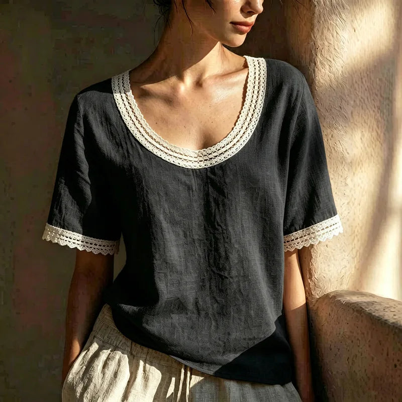 Jaida  Lace Trim Linen Blouse