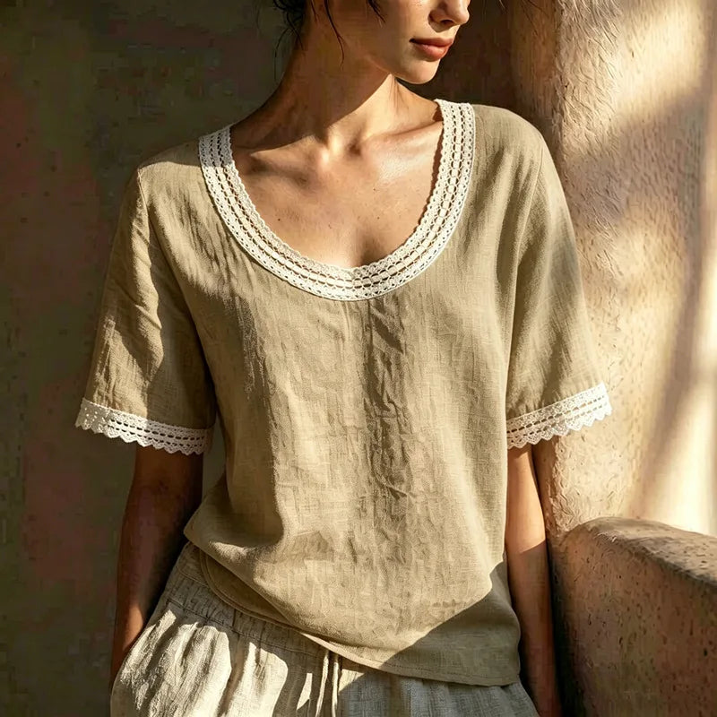 Jaida  Lace Trim Linen Blouse