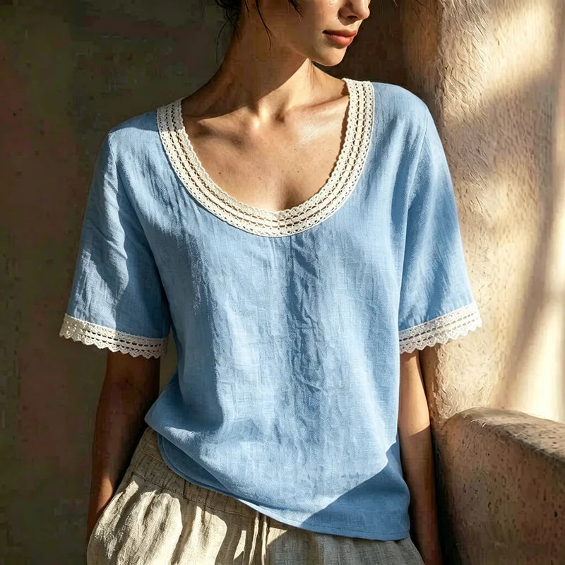 Jaida  Lace Trim Linen Blouse