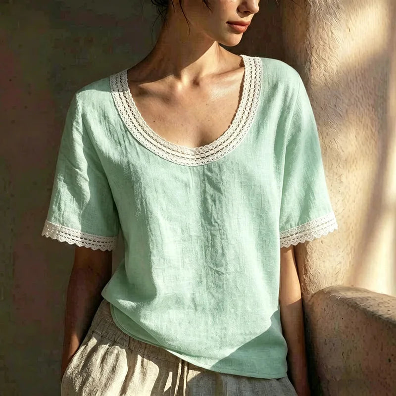 Jaida  Lace Trim Linen Blouse