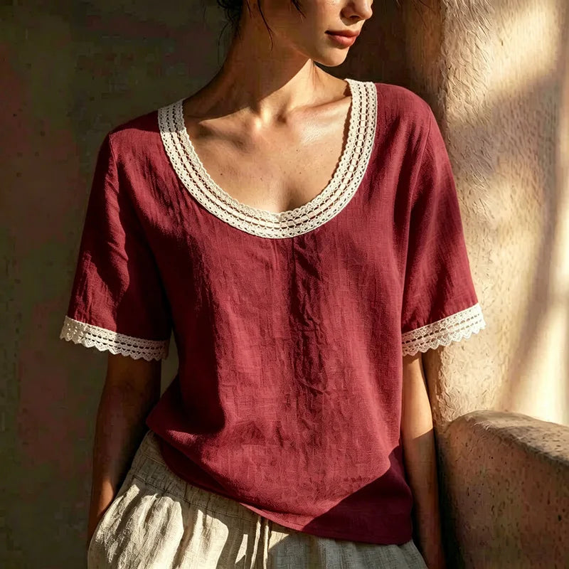 Jaida  Lace Trim Linen Blouse