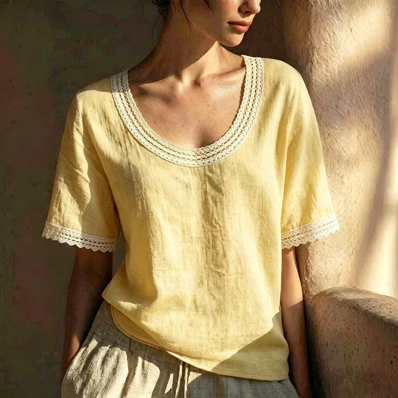 Jaida  Lace Trim Linen Blouse